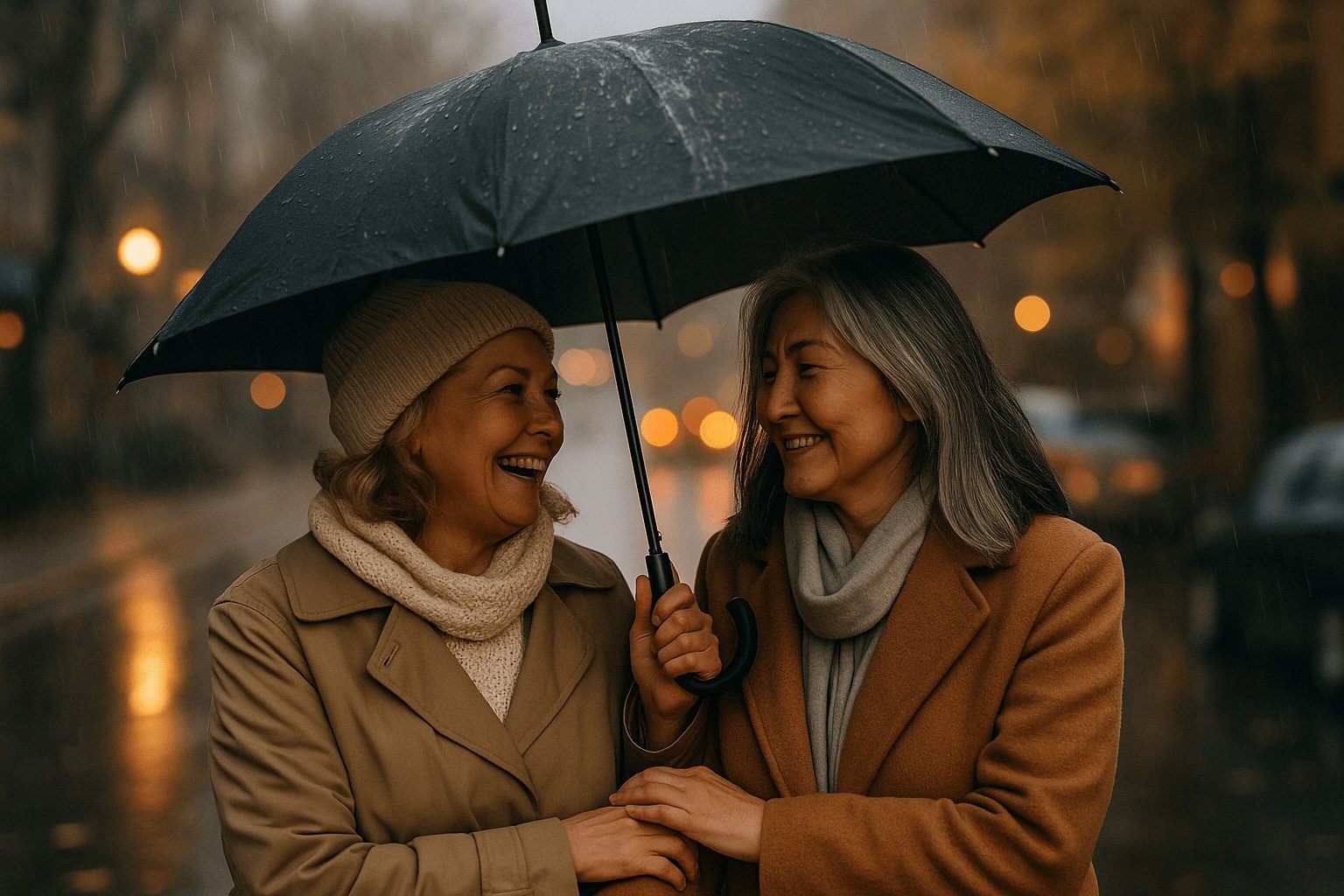Dos amigas riendo y cobijándose bajo un paraguas, amistad incondicional en la vida diaria