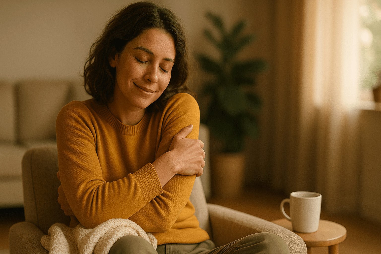 Mujer sentada en un sillón abrazándose a sí misma con ojos cerrados y sonrisa tranquila, gesto de aumentar tu amor propio.