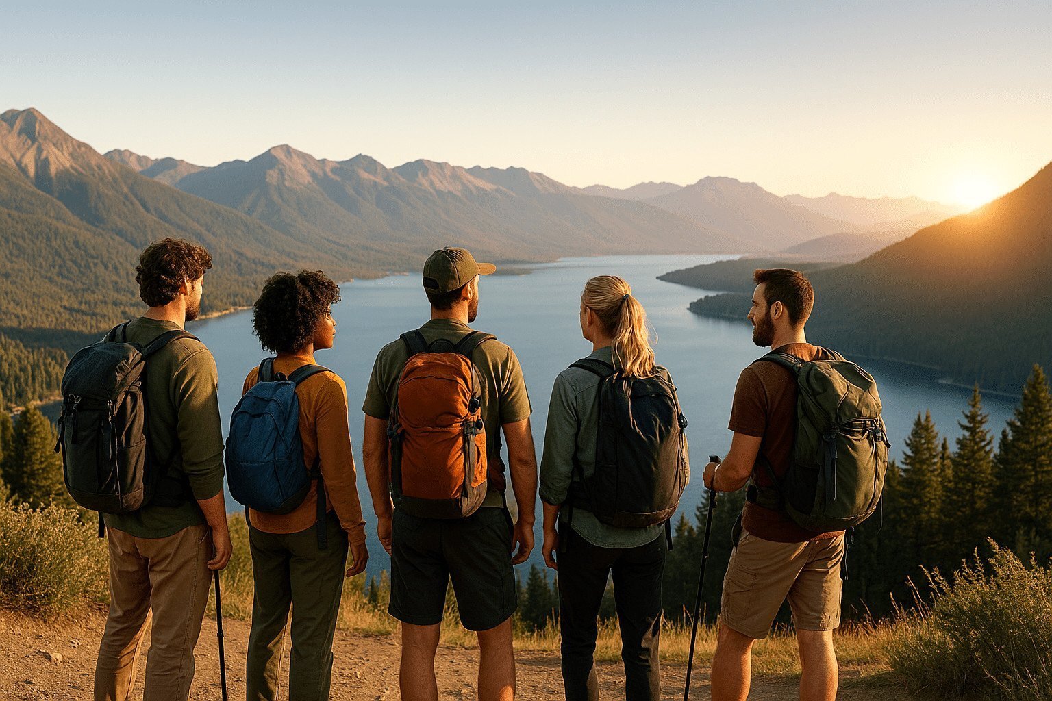Grupo de personas practicando hiking frente a un lago y montañas al atardecer — autocuidado diario en la naturaleza.