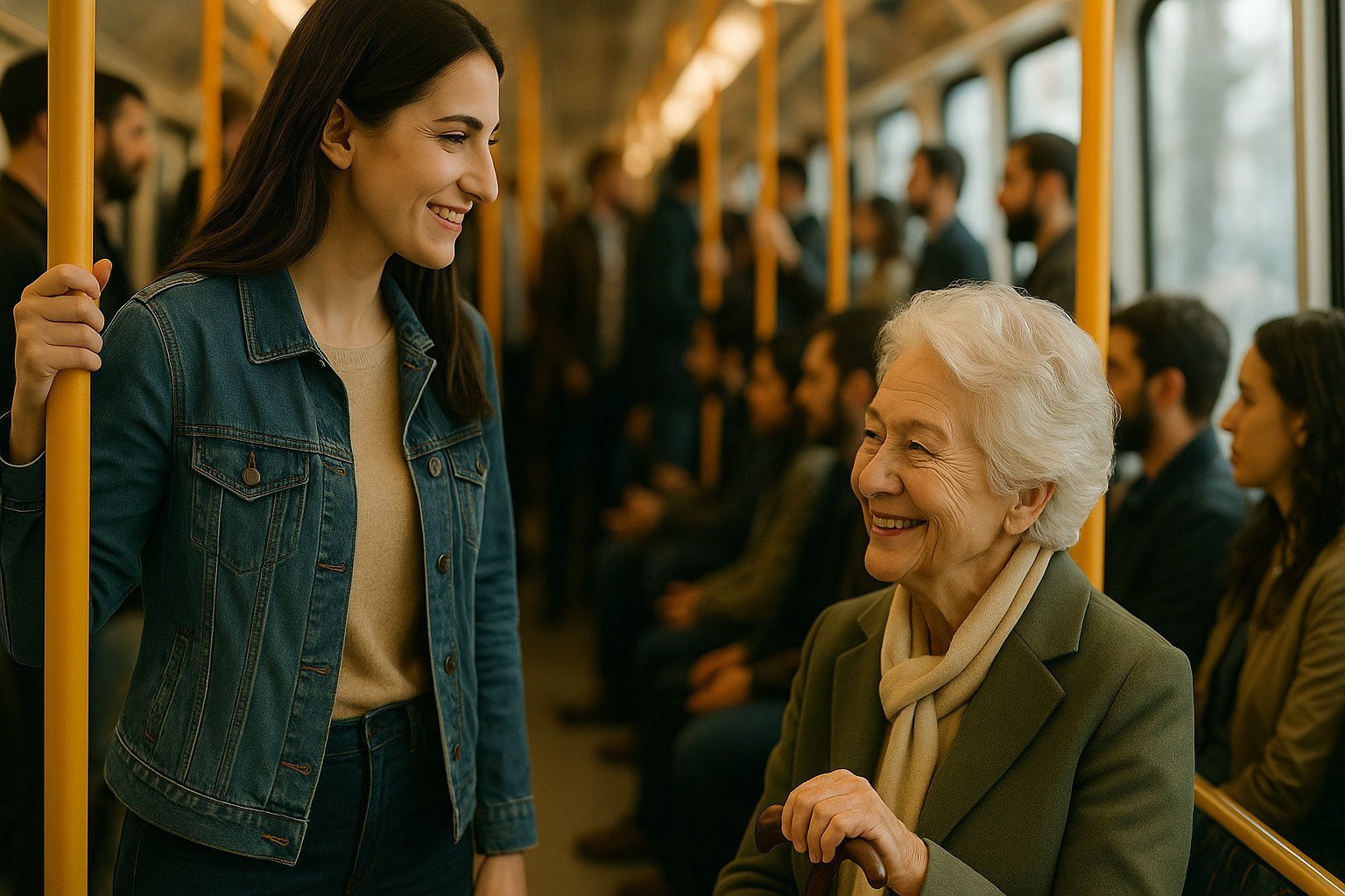 Joven de pie a la izquierda, sonriendo a una mujer mayor sentada a la derecha en un tren lleno; ambas se miran con buena voluntad