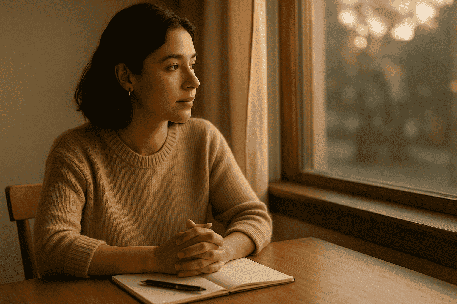 Crecer sin agotarte: persona escribiendo en un cuaderno junto a una ventana con luz cálida.