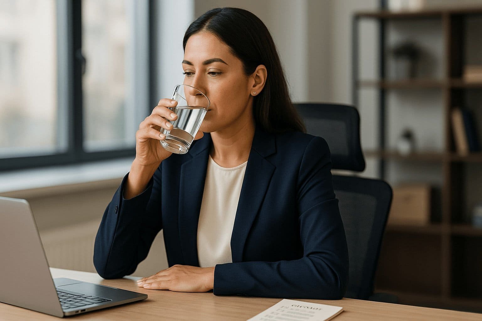 Mujer ejecutiva sentada en silla de escritorio leyendo una checklist 5 minutos mientras bebe un vaso de agua, recurso para recomponerte.