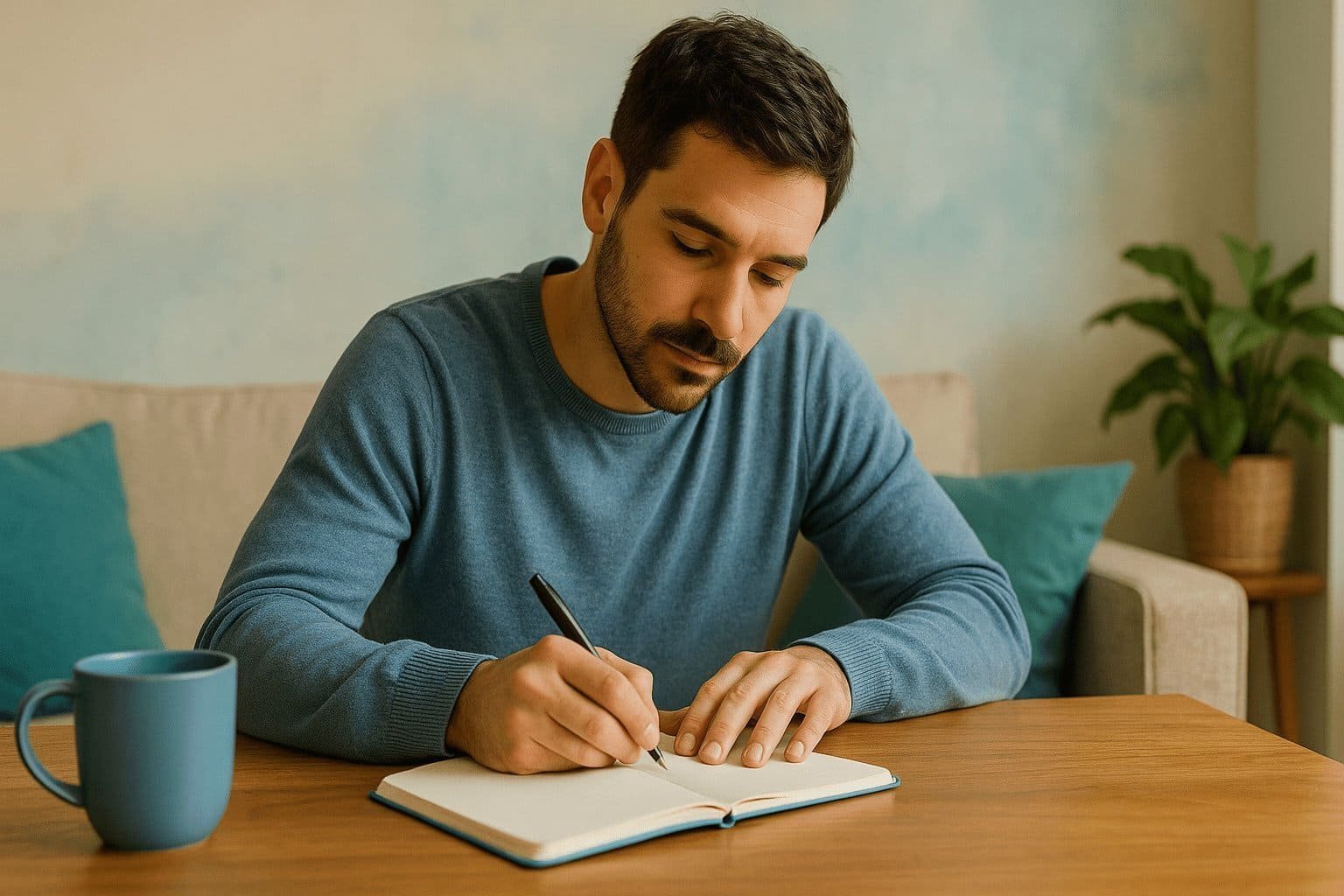 Hombre escribiendo en un diario sus actividades de 21 días