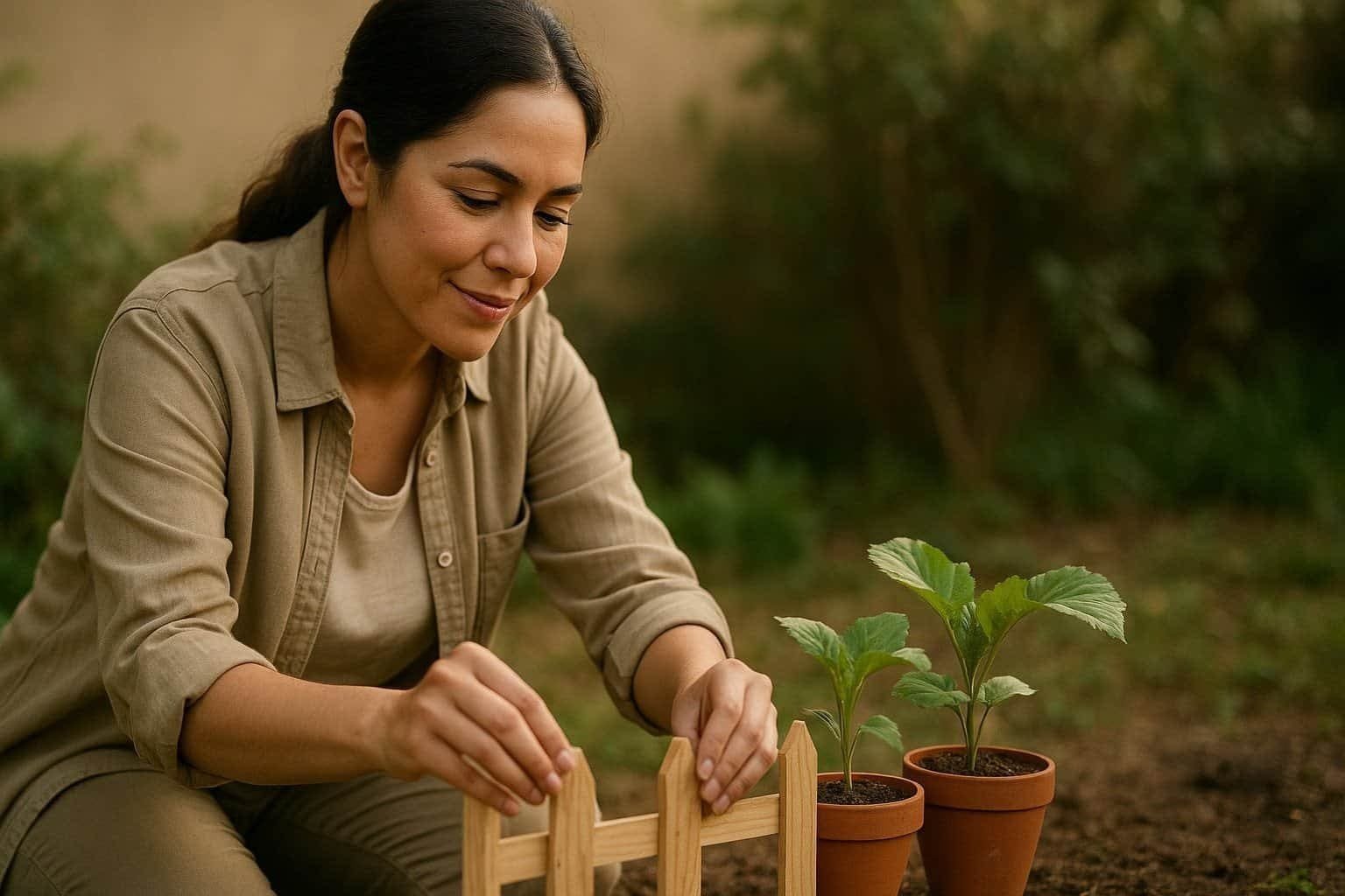 Mujer plantando plantas y colando separadores para poner límites con cariño.